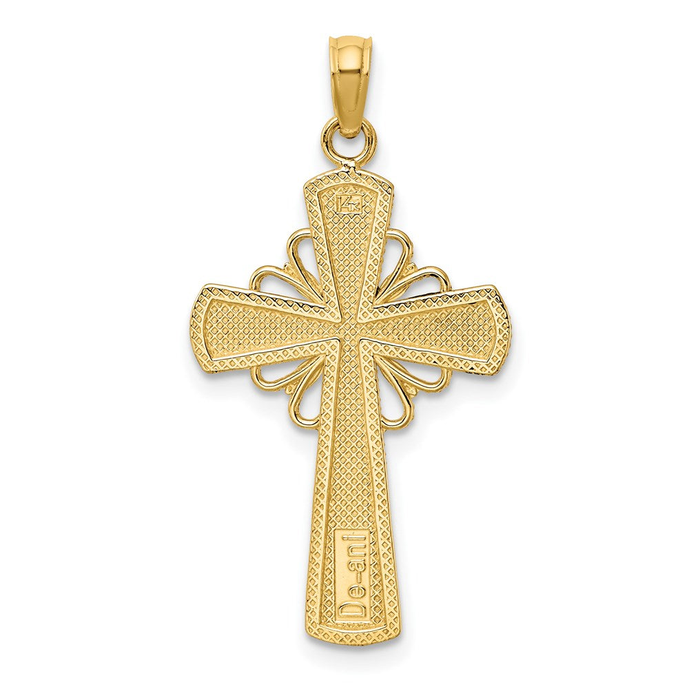 14K Gelbgold Kreuz-Charm, poliert, mit Perlrand und Gitterakzent