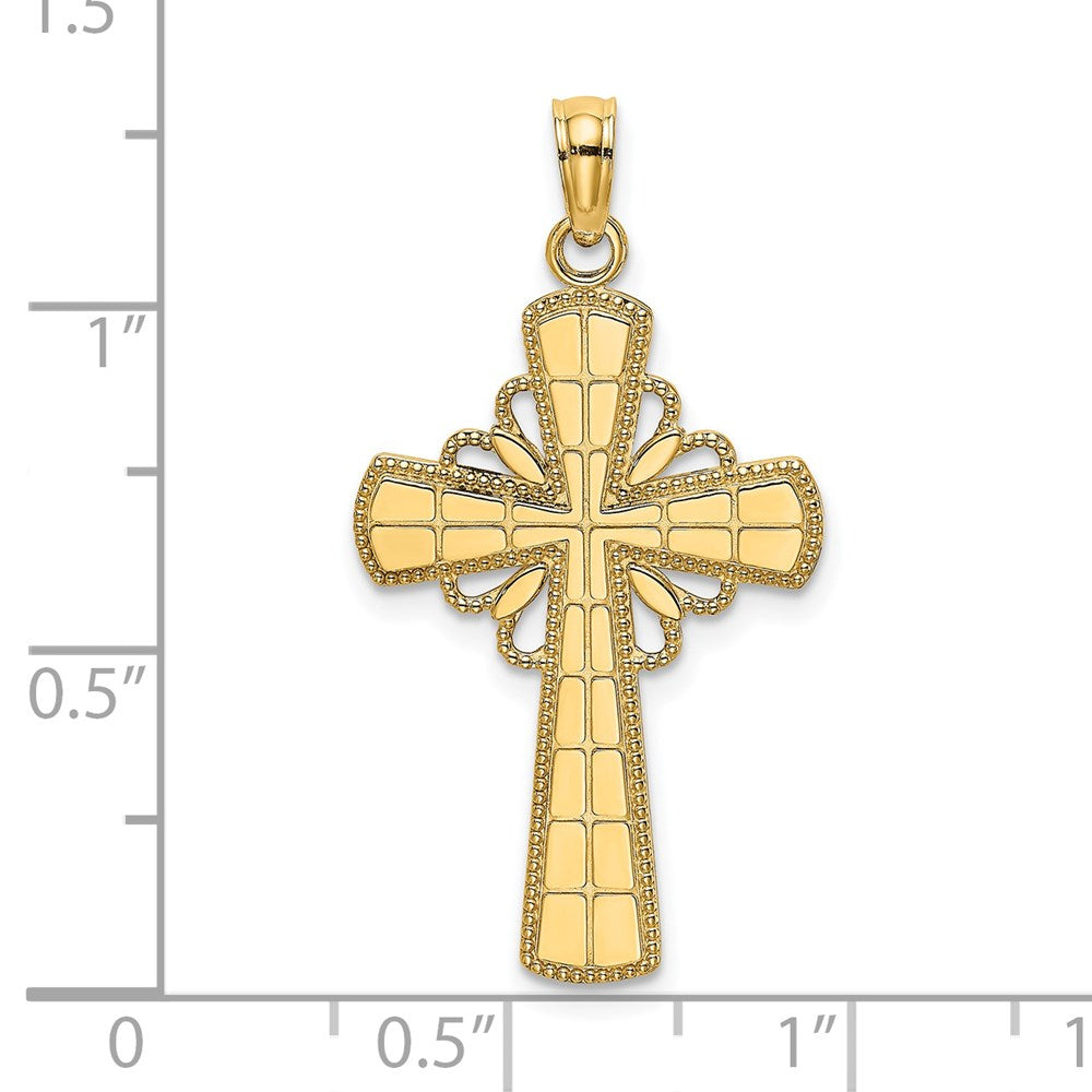 14K Gelbgold Kreuz-Charm, poliert, mit Perlrand und Gitterakzent