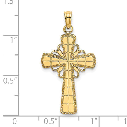 14K Gelbgold Kreuz-Charm, poliert, mit Perlrand und Gitterakzent