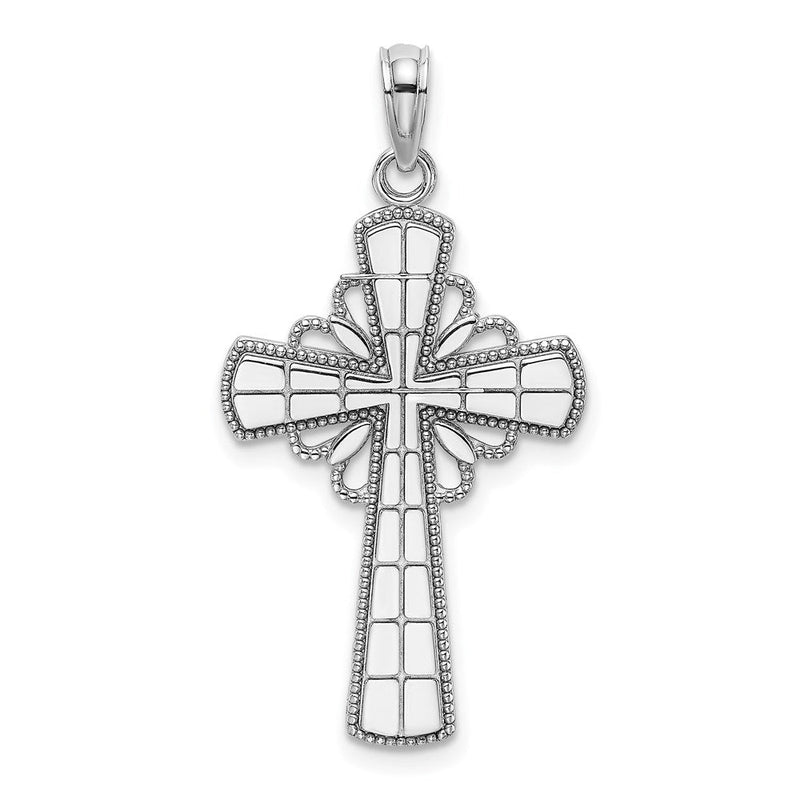 14K Weißgold Kreuz-Charm mit Perlrand und Gitter-Akzent