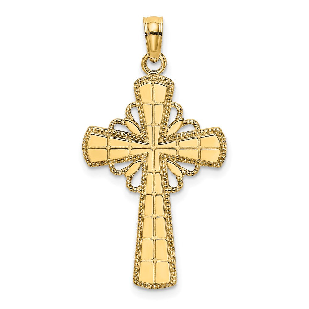 14K Gelbgold Kreuz-Charm, poliert, mit Perlrand und Gitterakzent