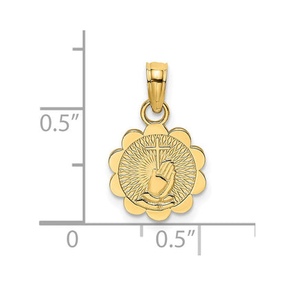 14K Gelbgold Betend Hands und Kreuz auf Gewellt Rund Disk Charm