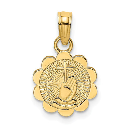 14K Gelbgold Betend Hands und Kreuz auf Gewellt Rund Disk Charm
