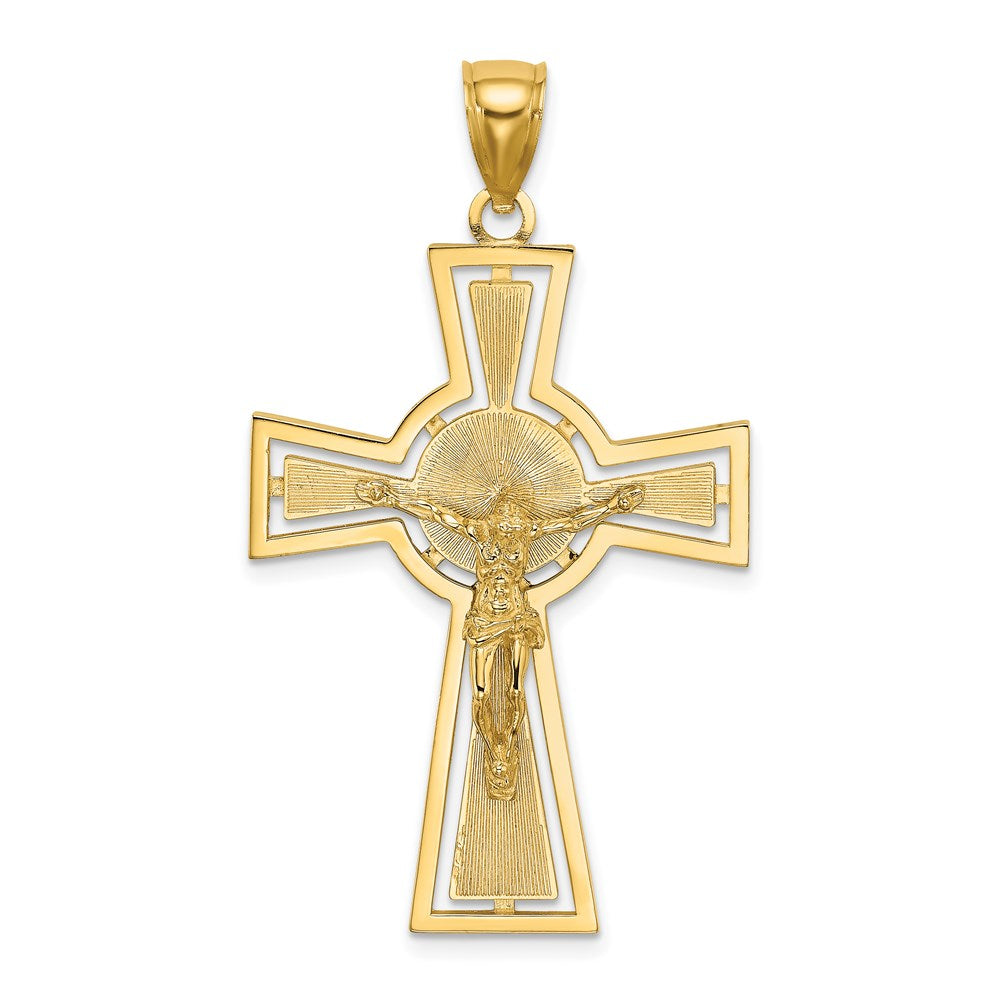 14K Gelbgold Kruzifix-Charm mit Ausschnitt und Kreis in der Mitte