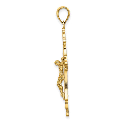 14 Karat Gelbgold Kruzifix-Charm mit Struktur, Cut-Out-Muster und geknospeten Enden