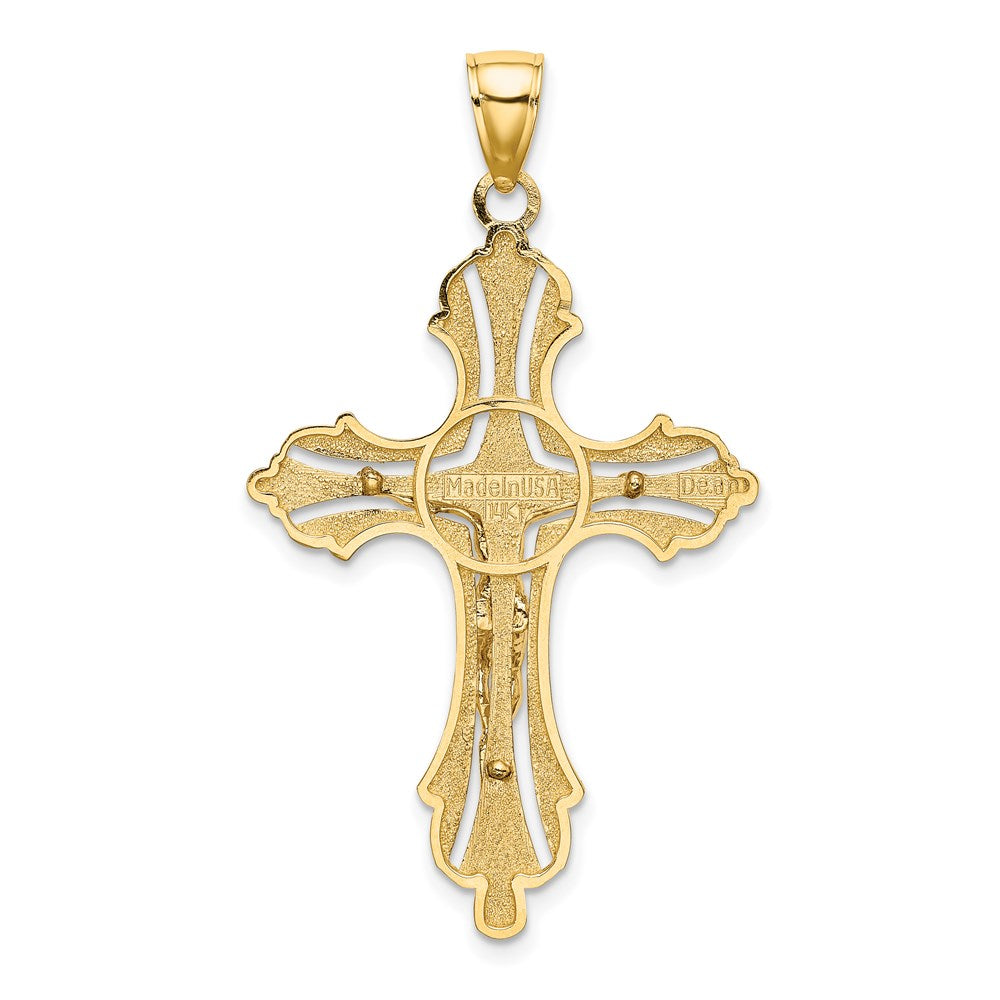 14 Karat Gelbgold Kruzifix-Charm mit Struktur, Cut-Out-Muster und geknospeten Enden
