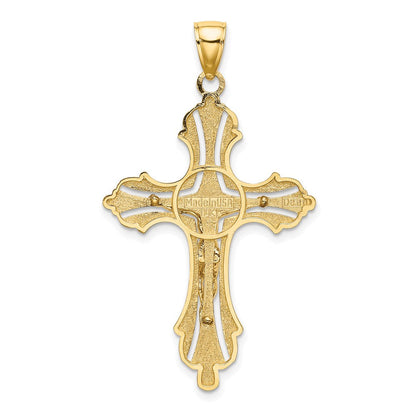 14 Karat Gelbgold Kruzifix-Charm mit Struktur, Cut-Out-Muster und geknospeten Enden