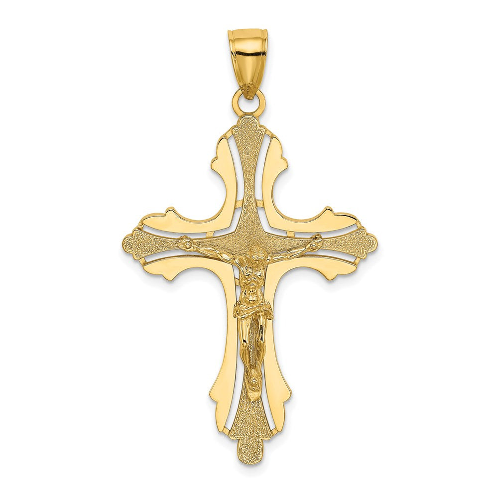 14 Karat Gelbgold Kruzifix-Charm mit Struktur, Cut-Out-Muster und geknospeten Enden