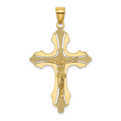 14 Karat Gelbgold Kruzifix-Charm mit Struktur, Cut-Out-Muster und geknospeten Enden