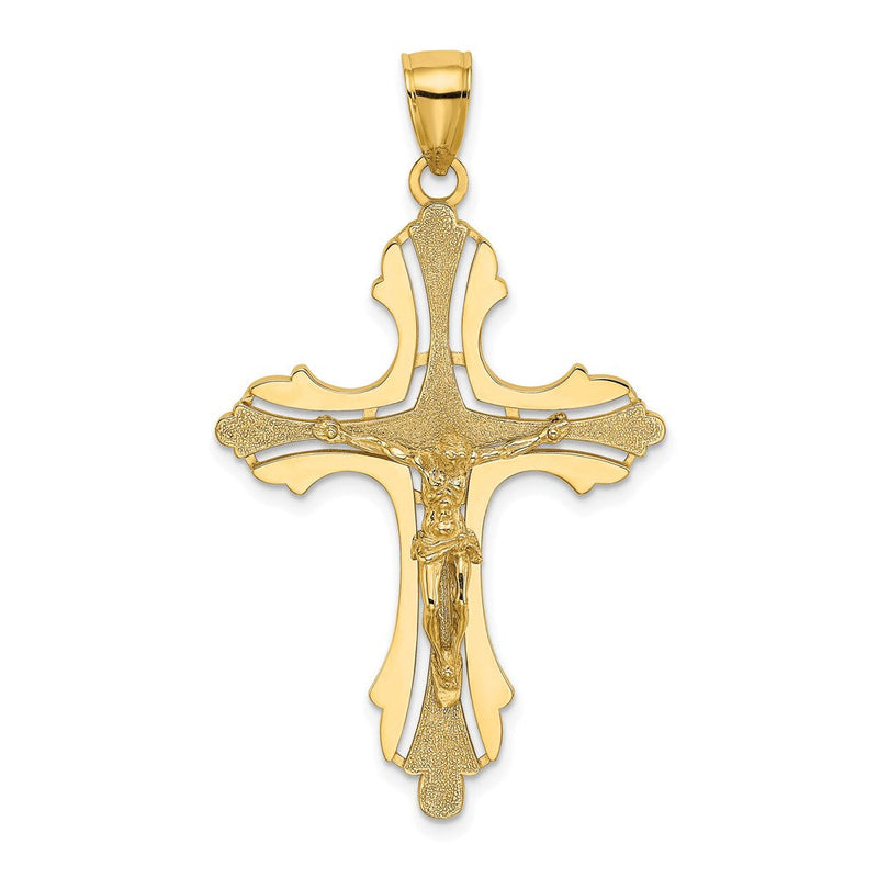 14 Karat Gelbgold Kruzifix-Charm mit Struktur, Cut-Out-Muster und geknospeten Enden