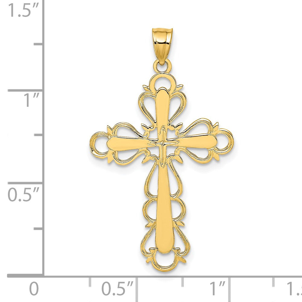 14K Gelbgold Poliert Lace Zierde Kreuz Charm