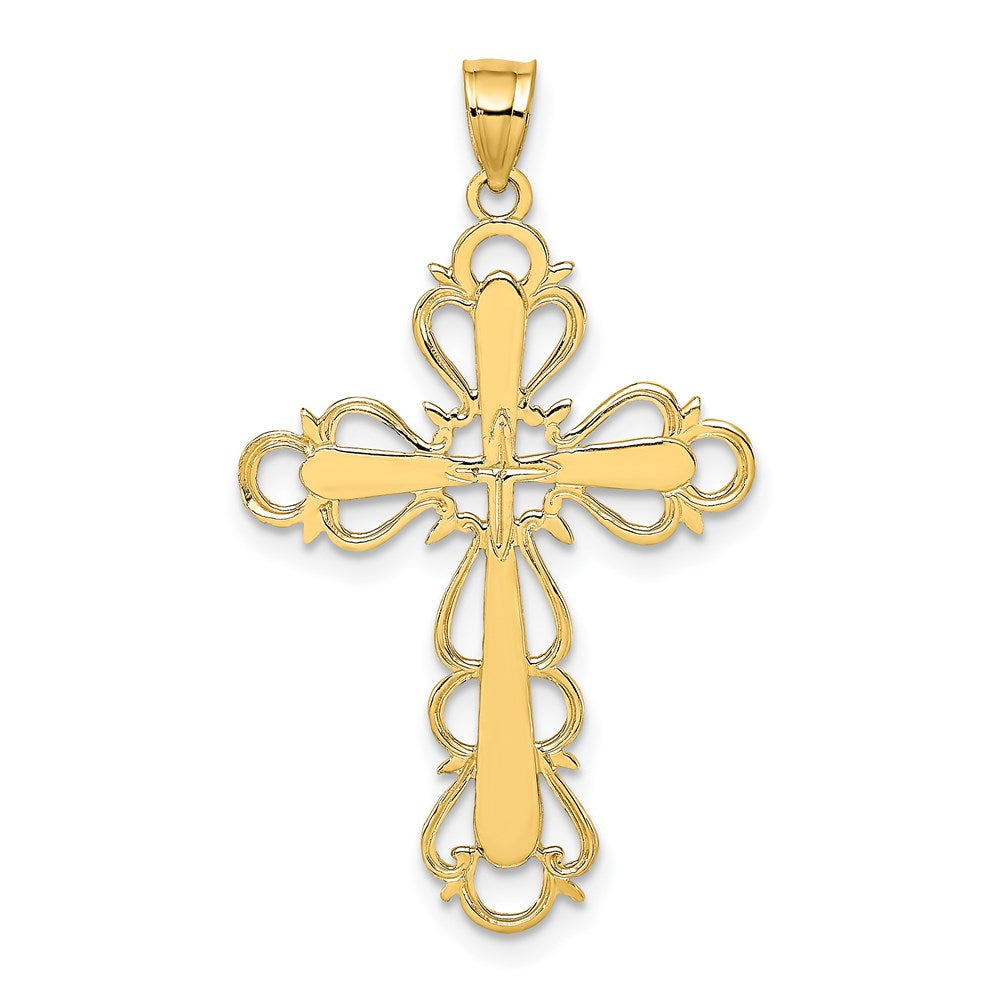 14K Gelbgold Poliert Lace Zierde Kreuz Charm