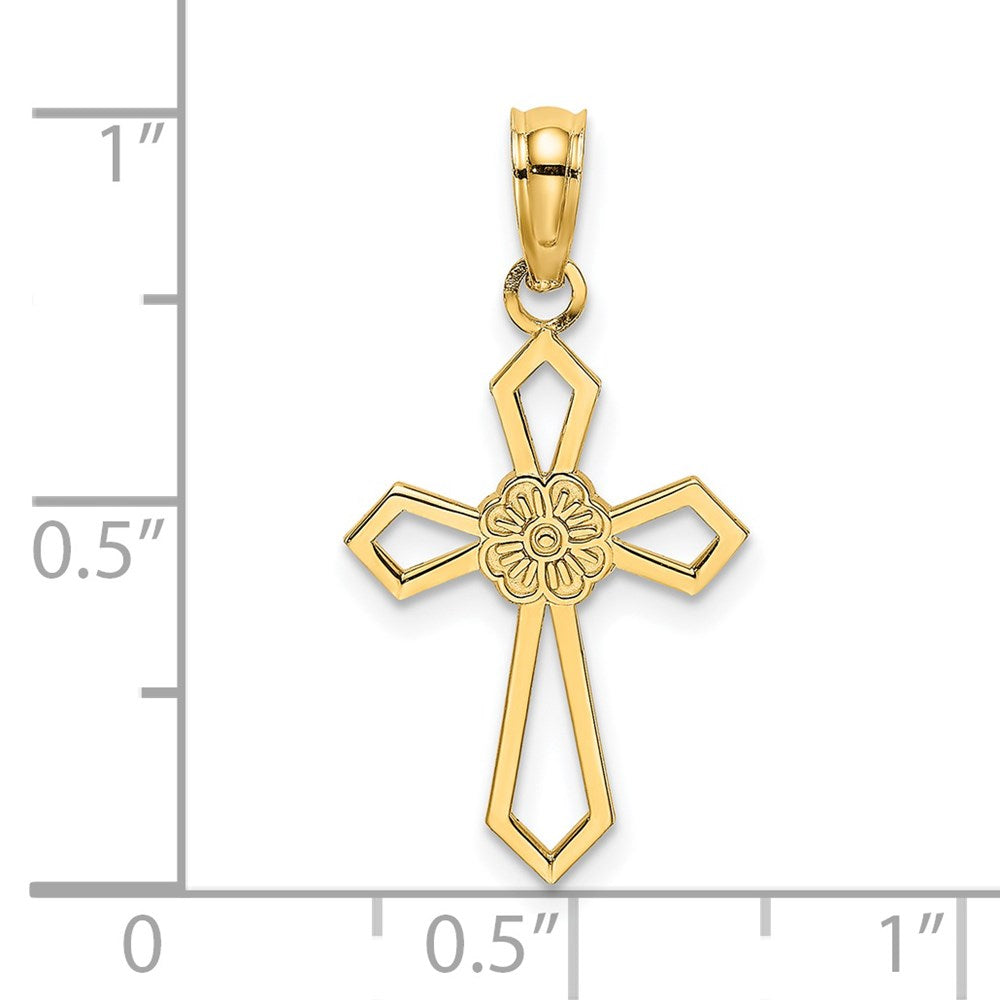 14K Gelbgold Ausgeschnitten und Flach Kreuz mit Blume Charm