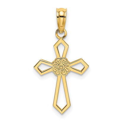 14K Gelbgold Ausgeschnitten und Flach Kreuz mit Blume Charm