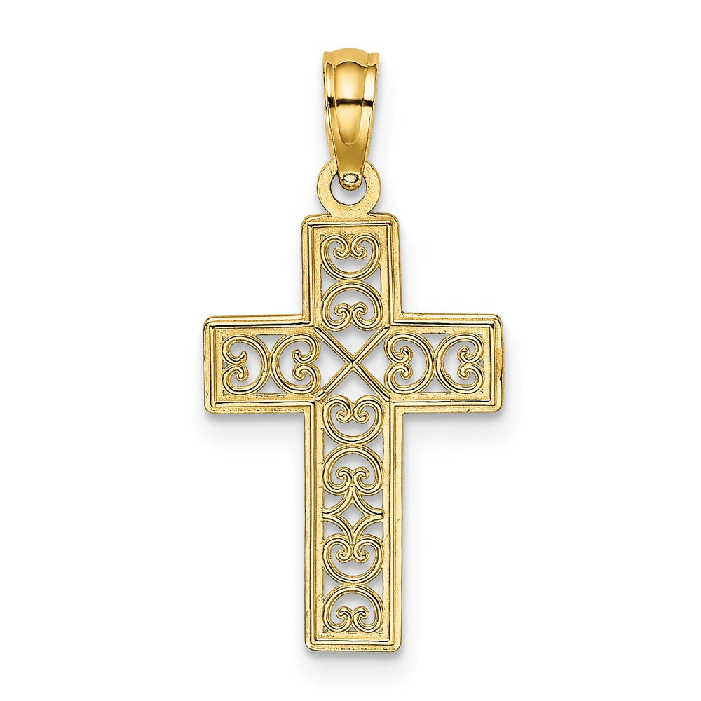 14K Gelbgold Strukturiert Lace Mittig Kreuz Charm