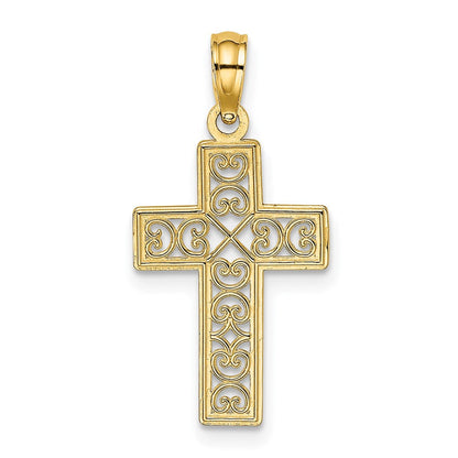 14K Gelbgold Strukturiert Lace Mittig Kreuz Charm