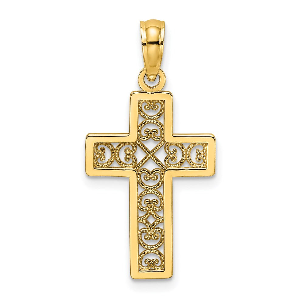14K Gelbgold Strukturiert Lace Mittig Kreuz Charm