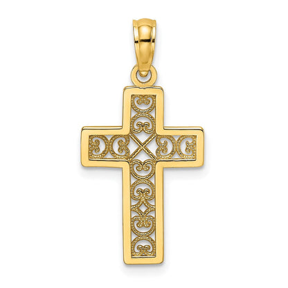 14K Gelbgold Strukturiert Lace Mittig Kreuz Charm