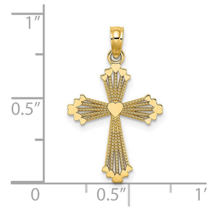 14K Gelbgold Ausgeschnitten Stripes Kreuz mit Herz Charm