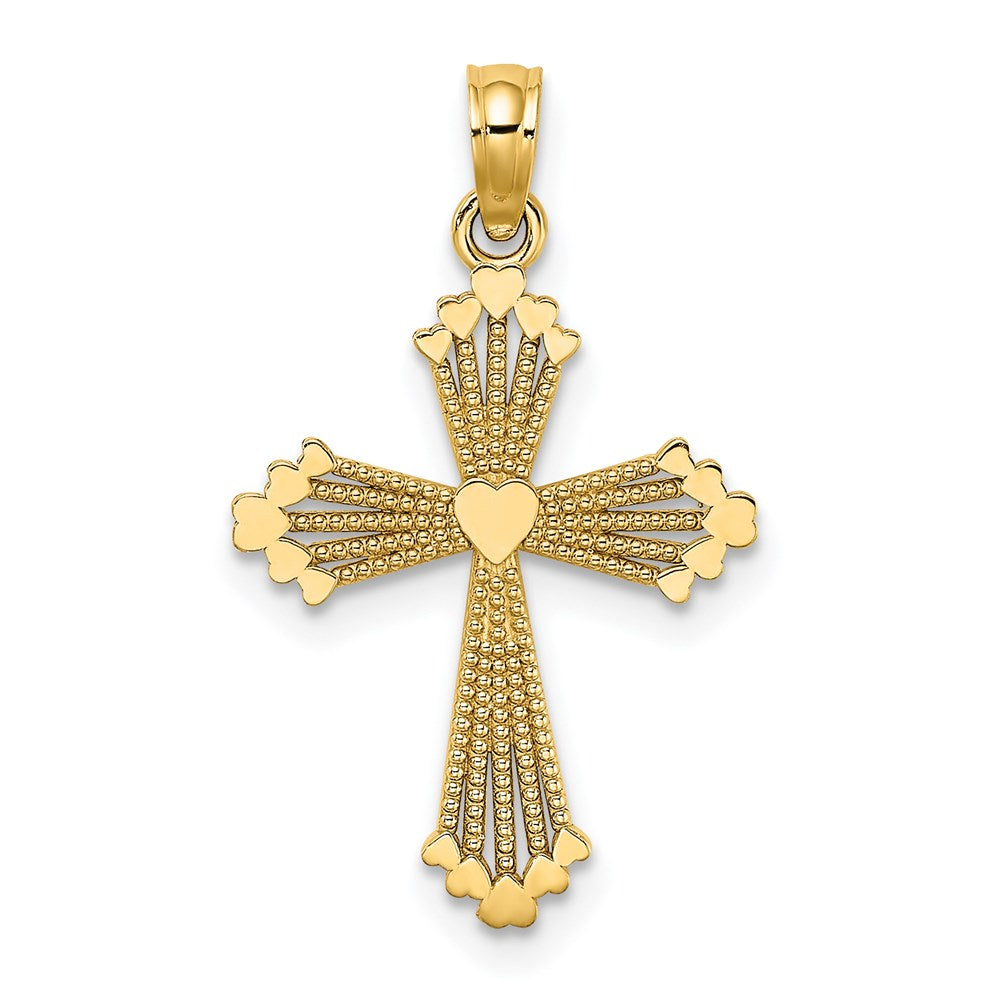 14K Gelbgold Ausgeschnitten Stripes Kreuz mit Herz Charm