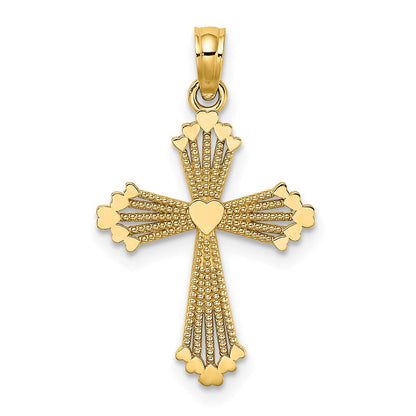 14K Gelbgold Ausgeschnitten Stripes Kreuz mit Herz Charm