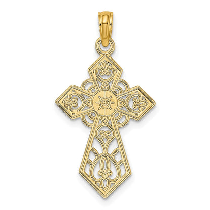 14K Gelbgold Poliert und Lace Kreuz Charm