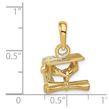 14 Karat Gelbgold massiver, polierter, beweglicher 3D-Abschlusshut mit Diplom-Anhänger
