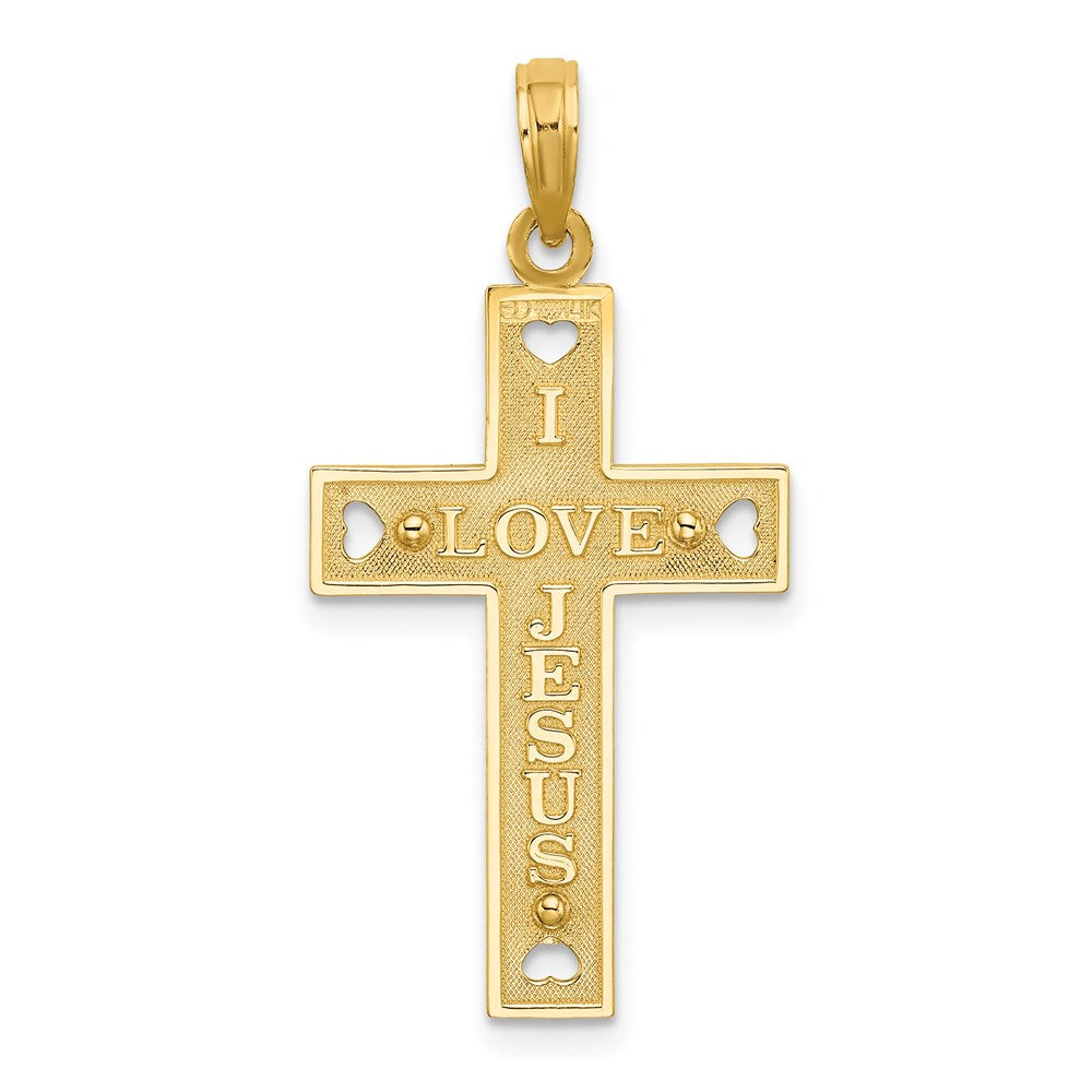 14K Gelbgold Herz-Charm mit Ausschnitt, „I LOVE JESUS" und Kruzifix auf der Rückseite
