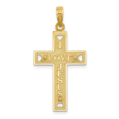 14K Gelbgold Herz-Charm mit Ausschnitt, „I LOVE JESUS" und Kruzifix auf der Rückseite