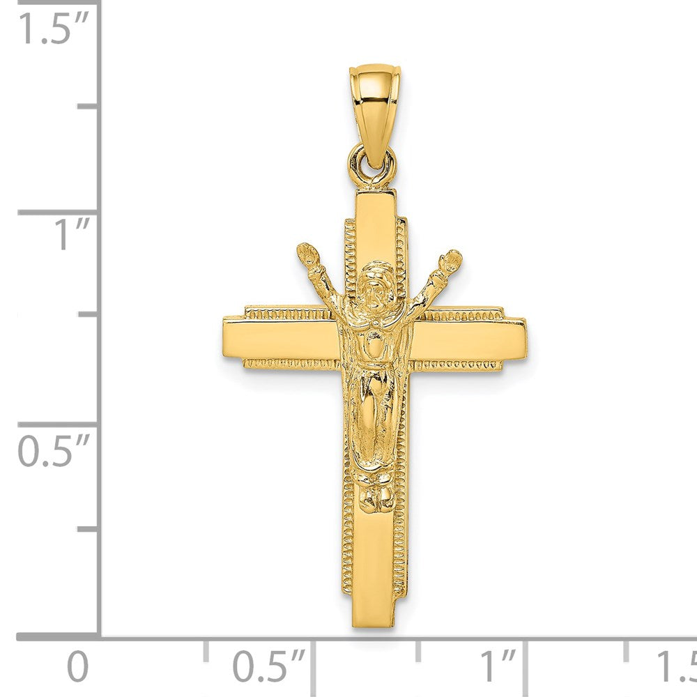 14k Gelbgold poliert mit Kreuzanhänger-Charm mit Perlrand