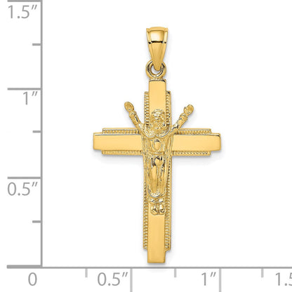 14k Gelbgold poliert mit Kreuzanhänger-Charm mit Perlrand