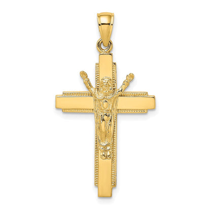 14k Gelbgold poliert mit Kreuzanhänger-Charm mit Perlrand