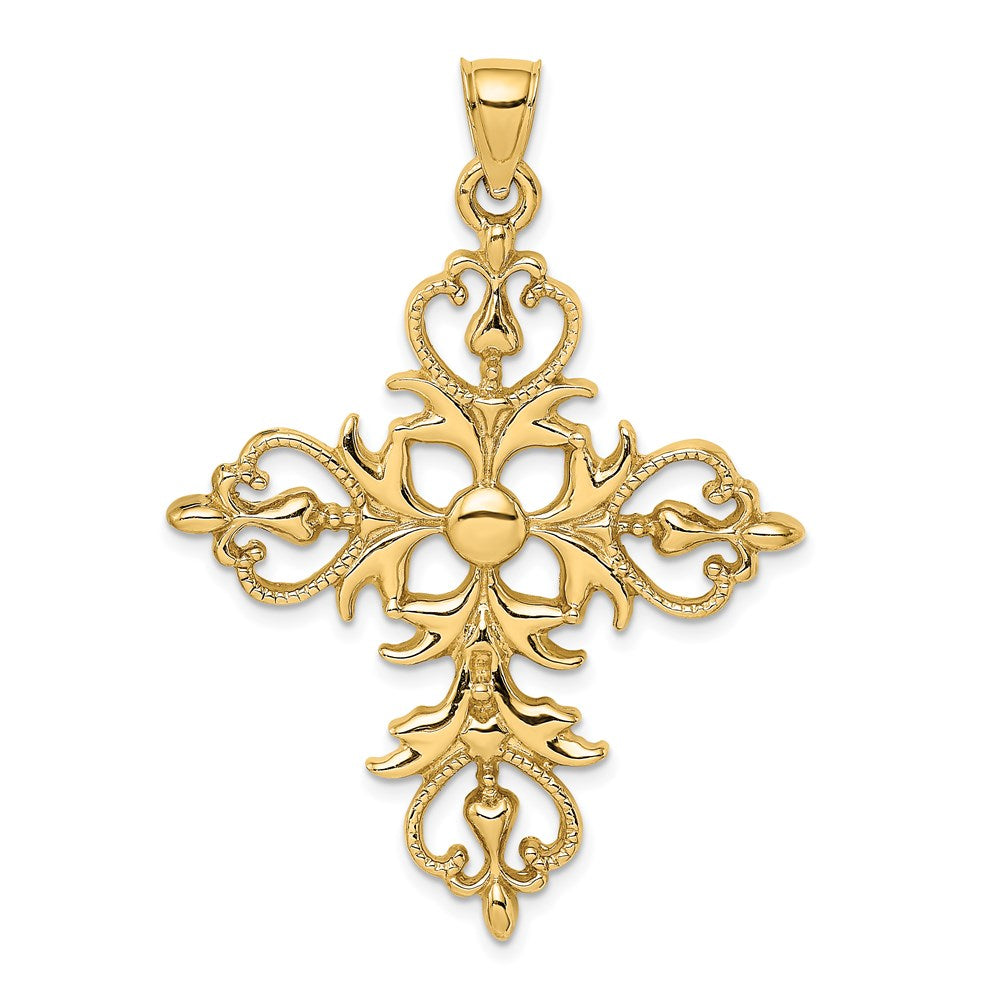 14K Gelbgold Großer Kreuz-Anhänger mit Fleur-de-Lis-Spitzen (Charm)