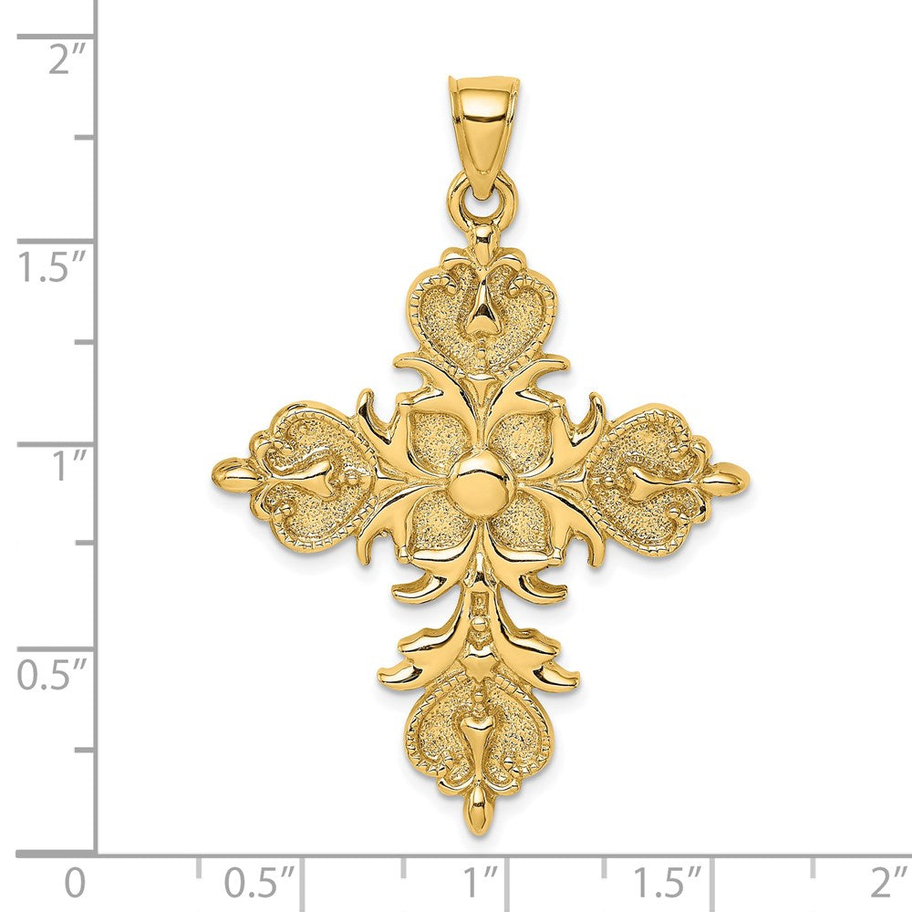 14K Gelbgold Großes Kreuz mit Fleur-de-Lis-Spitzen Charm mit massiver Rückseite