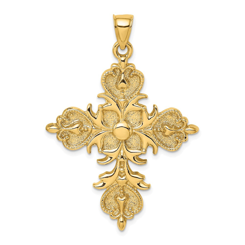 14K Gelbgold Großes Kreuz mit Fleur-de-Lis-Spitzen Charm mit massiver Rückseite