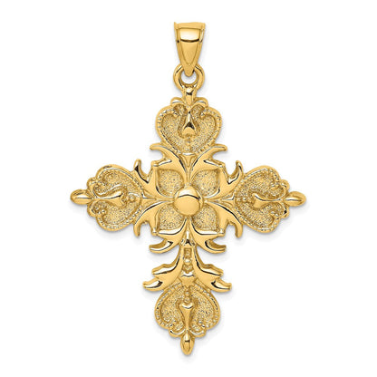 14K Gelbgold Großes Kreuz mit Fleur-de-Lis-Spitzen Charm mit massiver Rückseite
