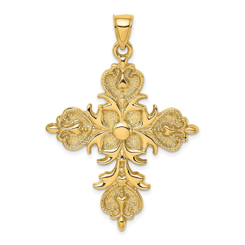 14K Gelbgold Großes Kreuz mit Fleur-de-Lis-Spitzen Charm mit massiver Rückseite