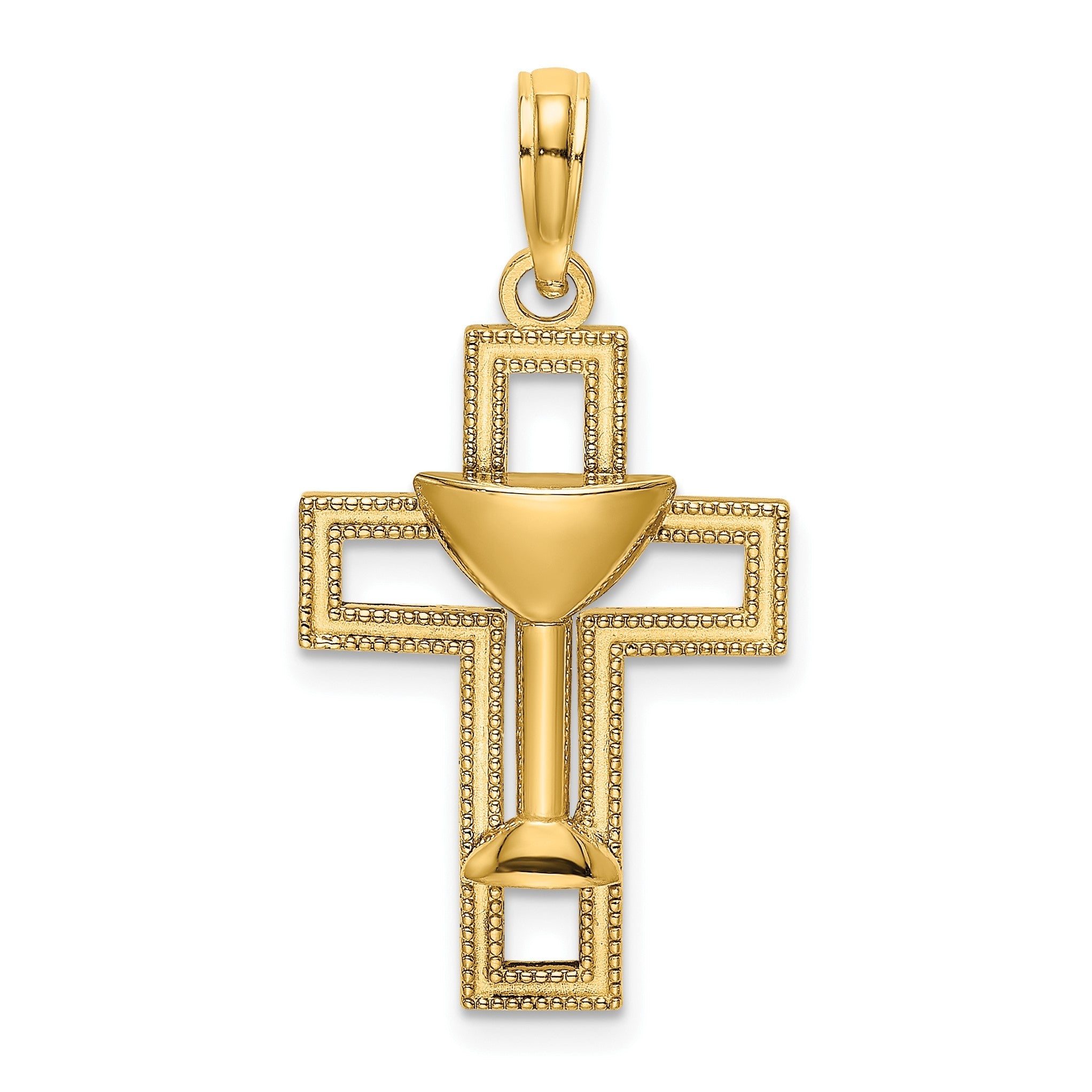 14K Gelbgold Polierter Kreuz-Anhänger mit Kommunionskelch-Charm