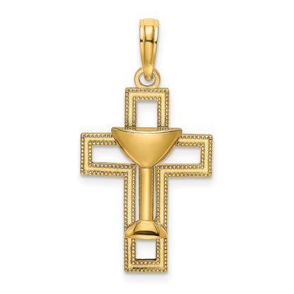 14K Gelbgold Polierter Kreuz-Anhänger mit Kommunionskelch-Charm
