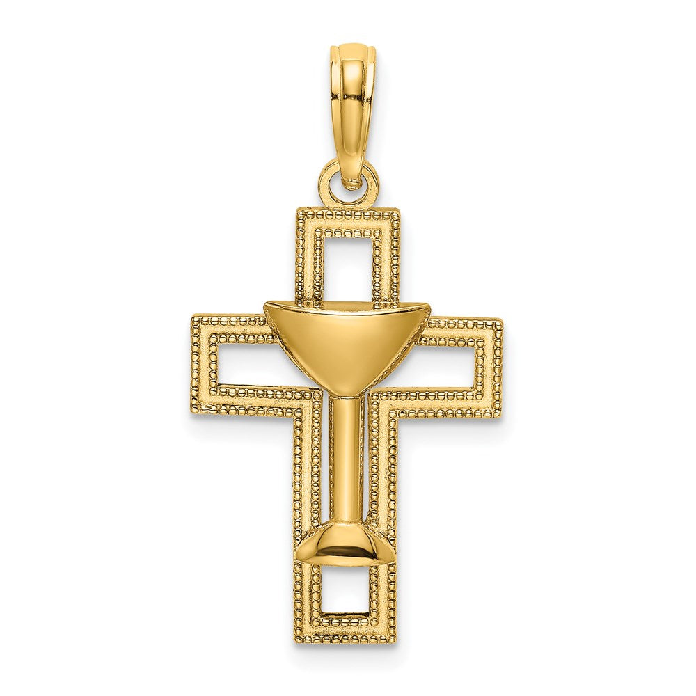 14K Gelbgold Polierter Kreuz-Anhänger mit Kommunionskelch-Charm