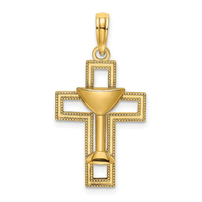 14K Gelbgold Polierter Kreuz-Anhänger mit Kommunionskelch-Charm