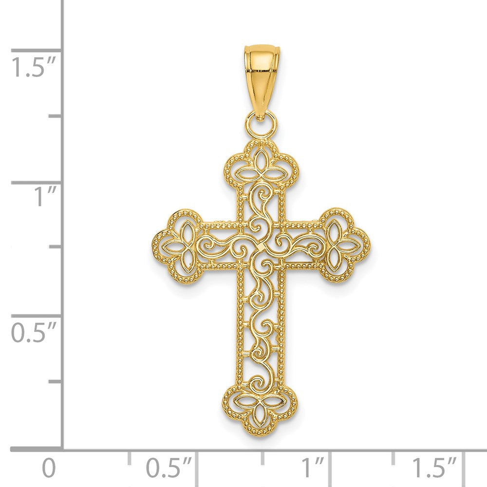 14K Gelbgold Strukturiert und Gekugelt Kante Kreuz Charm