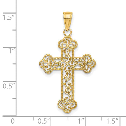 14K Gelbgold Strukturiert und Gekugelt Kante Kreuz Charm