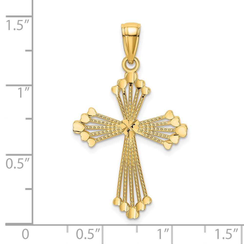 14K Gelbgold Diamantiert und Ausgeschnitten Stripes mit Herz in Mittig Kreuz Charm