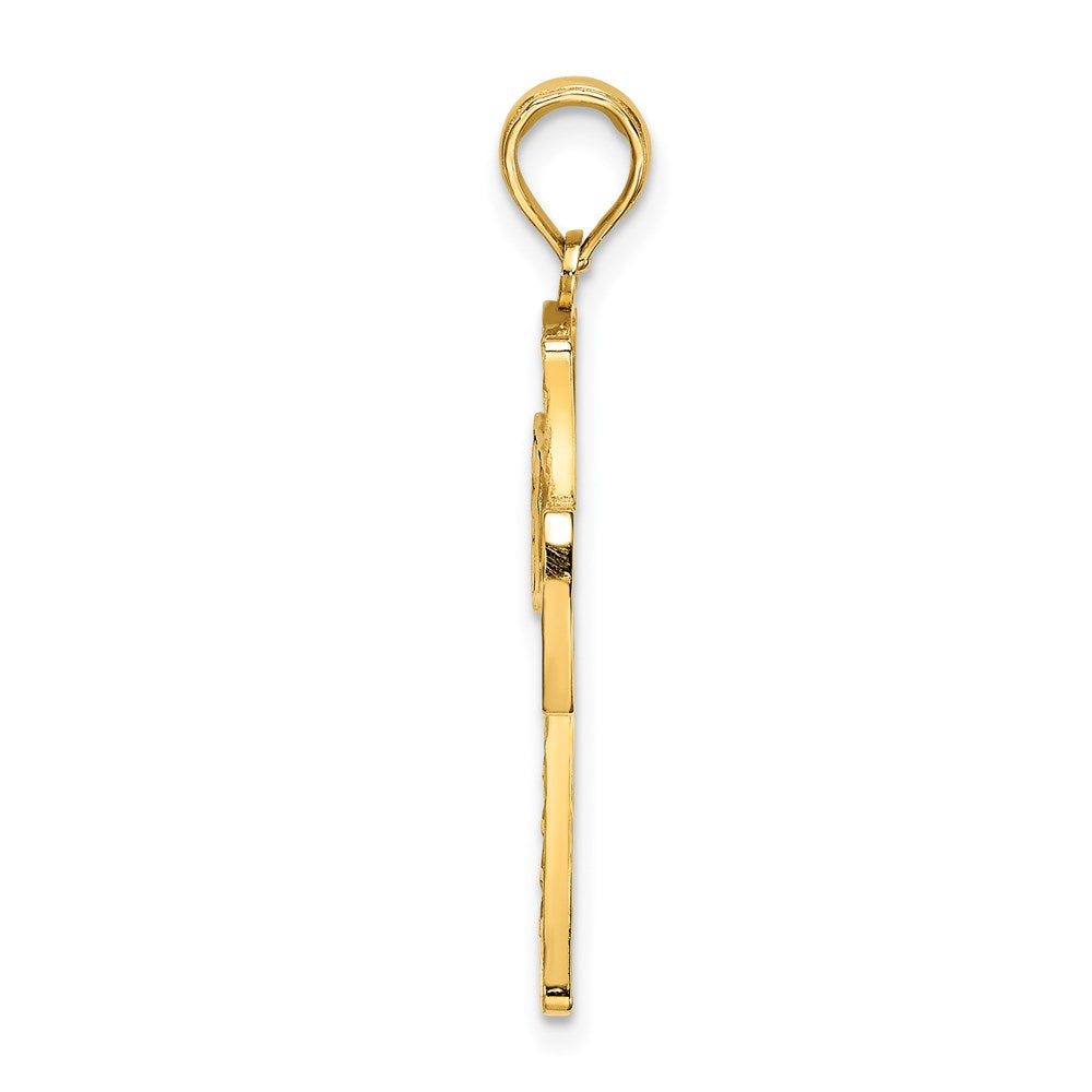 14K Gelbgold Diamantierter Kreuz-Charme mit Satinierter Kante und Gitter-Muster