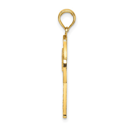 14K Gelbgold Diamantierter Kreuz-Charme mit Satinierter Kante und Gitter-Muster