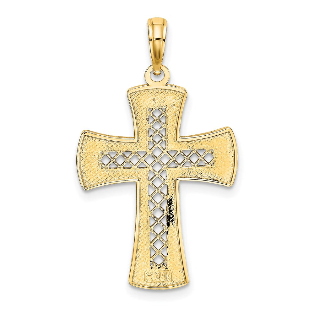 14K Gelbgold Diamantierter Kreuz-Charme mit Satinierter Kante und Gitter-Muster