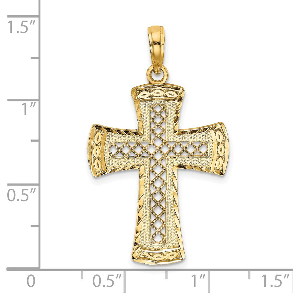 14K Gelbgold Diamantierter Kreuz-Charme mit Satinierter Kante und Gitter-Muster