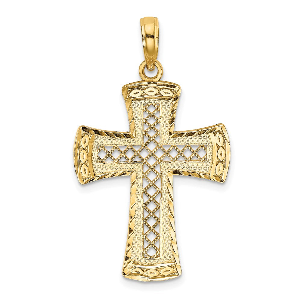 14K Gelbgold Diamantierter Kreuz-Charme mit Satinierter Kante und Gitter-Muster