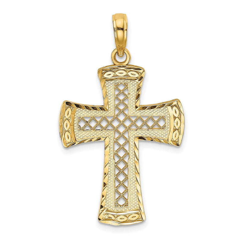 14K Gelbgold Diamantierter Kreuz-Charme mit Satinierter Kante und Gitter-Muster